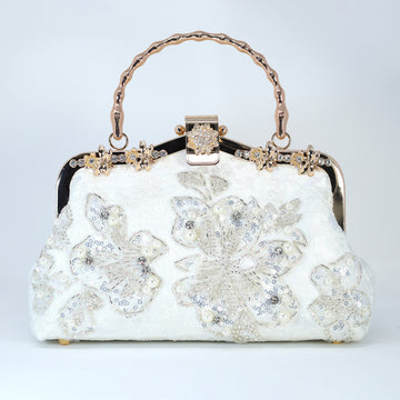 White Silver Embroidered Floral Pearl Wedding Bag, Statement Bag, Evening Clutch, Wedding Clutch, Bridal Clutch, White Cross Body Bag